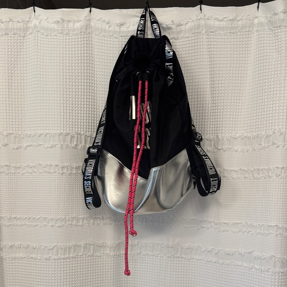 Victoria's Secret Black and Silver Backpack with Pink Details